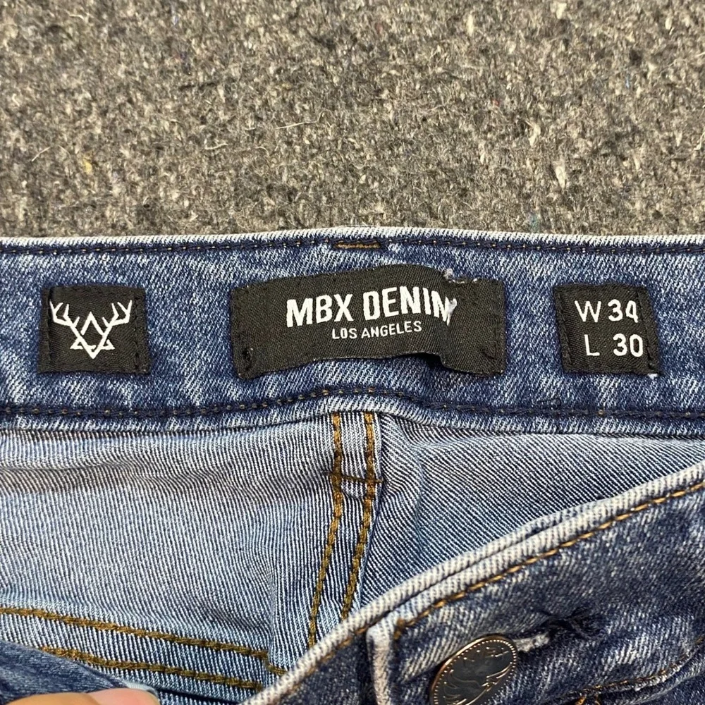 MBX Denim Jeans Sz 34 Mens Blue Streetwear Straight Leg Faded Distressed Detail